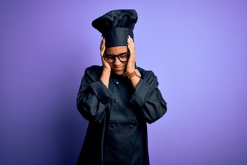 Young african american chef girl wearing cooker uniform and hat over purple background suffering from headache desperate and stressed because pain and migraine. Hands on head.