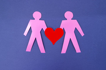 demonstrations same sex couples in love on blue background. Human rights and tolerance concept.