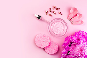 Beauty salon wellness procedures, mask, face care banner. Design template, pink flat lay background.