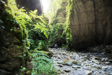 landscape of the kakoueta gorges, gorge with river and waterfall located in the french basque...
