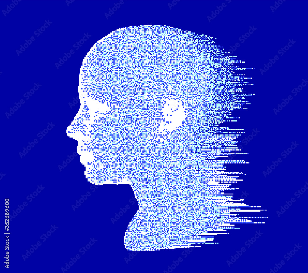 Poster artificial intelligence and machine learning concept. human head with glitched pixels, distorted pro