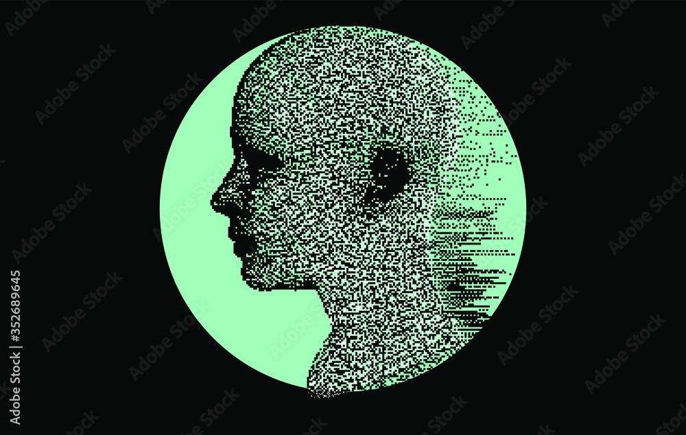 Poster Artificial intelligence and Machine Learning concept. Human head with glitched pixels, distorted profile of a woman made of square particles.