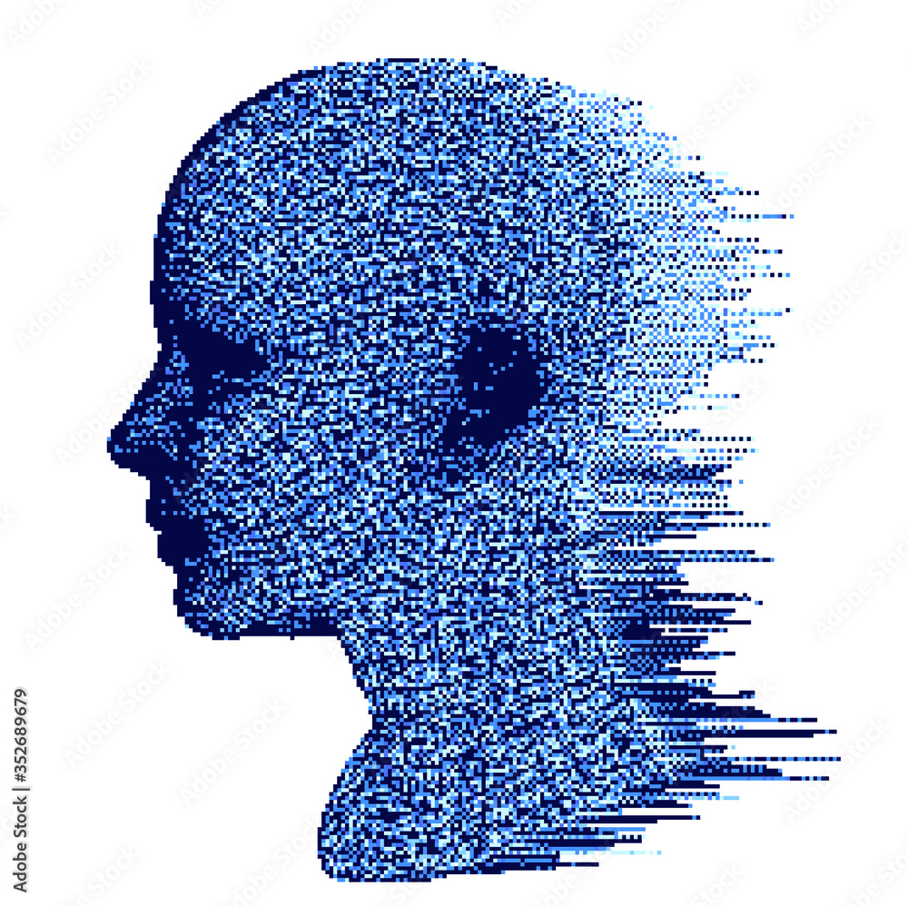 Poster Artificial intelligence and Machine Learning concept. Human head with glitched pixels, distorted profile of a woman made of square particles.