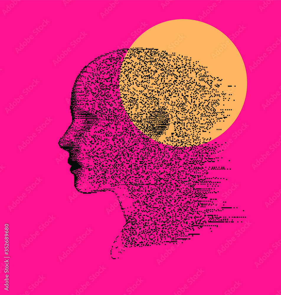 Poster Artificial intelligence and Machine Learning concept. Human head with glitched pixels, distorted profile of a woman made of square particles.