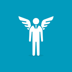 Obraz premium Angel investor icon. Businessman with wings. Business angel. Investment. Vector isolated illustration on blue background