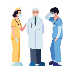 Obraz premium female and male doctors with uniforms and masks vector design