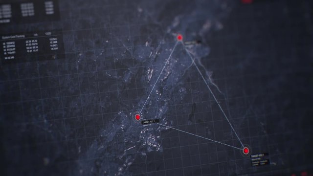 GPS location scanning interface. SIM card tracking and following by spy security program. Special data in the corner. Three target dynamic indicators. Satellite map view. 3D render concept animation