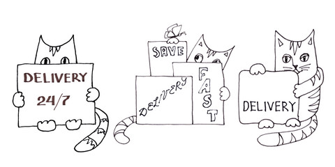 set of graphic drawings of a striped cats in a medical mask sits with box. on the boxes it is written - delivery