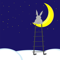 Cartoon rabbit or hare seating on half moon on midnight. rabbit or hare dreaming and thinking about everything. Stars on sky and stair on clouds