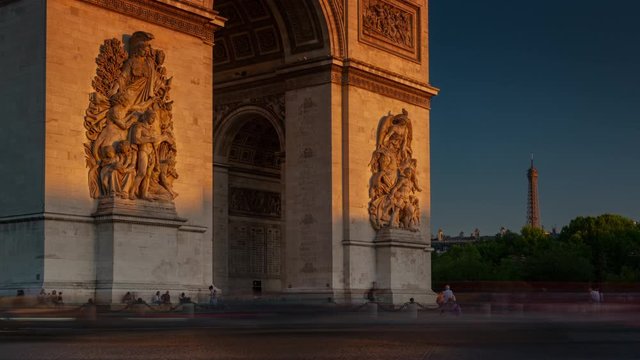 sunset light paris city famous tourist crowded arch traffic circle timelapse panorama 4k france 