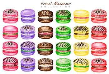 Obraz premium Hand drawn watercolor french macaron cakes set. Macaroon biscuits Mix Fruit Red Pink Green fruit Pastry dessert Isolated on white background, sweet decorated with Chocolate, vanilla creame