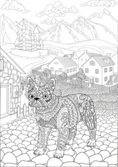 Coloring book for adults with cute animal and a european village with castle in a background