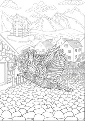 Coloring book for adults with cute animal and a european village with castle in a background - 352693426