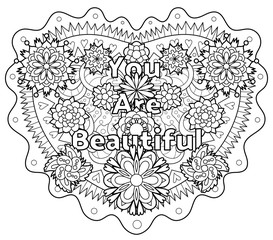 Vector coloring book for adults with inspiring quote and mandala flowers in the zentangle style with editable line