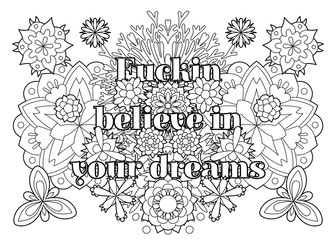 Vector coloring book for adults with inspiring quote and mandala flowers in the zentangle style with editable line - 352694295