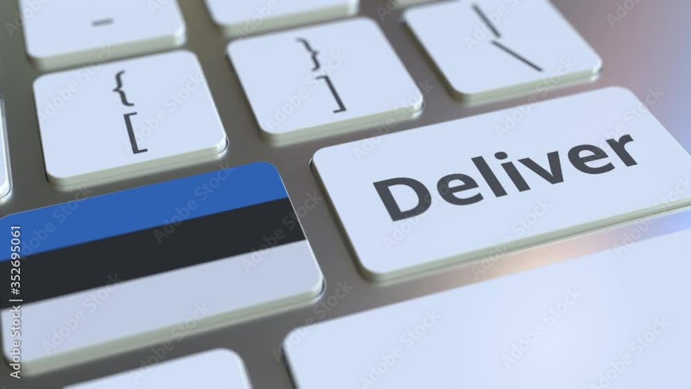 Poster deliver text and flag of estonia on the computer keyboard. logistics related 3d animation