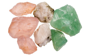Known minerals: rose quartz, green fluorite, a type of white quartz