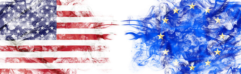 American and European flag in smoke on white background. Concept of conflict and customs duty. America VS Europe metaphor. Dollar Euro exchange currency and international commercial tension and crisis