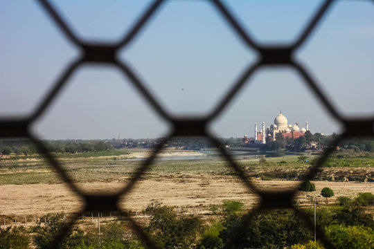 view of Taj Mahal through jali from red fort in agra, uttar pradesh