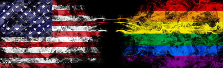 American flag and rainbow flag in smoke shape on black background. Concept of conflict and LGBT rights. America VS LGBT community metaphor. Tension and crisis for civil right and gay pride.