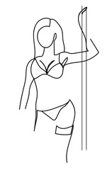 
Stripper. Girl in underwear at the pole. One line drawing.