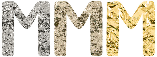 Isolated Font English or Latin or Russian letter M made of crumpled titanium, silver, gold foil on...