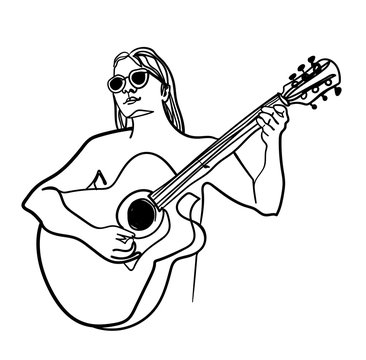 
Musician with an acoustic guitar. The guy is playing the guitar. One line drawing.