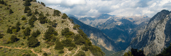 Scenic view of valley with climbers on the rocks