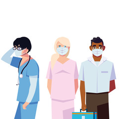 female and male doctors with uniforms masks and kit vector design