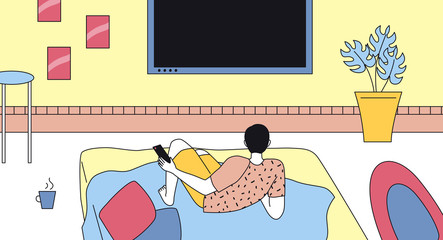 Concept Of Spending Time At Home. Young Man Is Lying On Bed And Watching TV With Cup Of Hot Drink. Boy in a Cozy Relax Atmosphere Watch a Movie. Cartoon Linear Outline Flat Style. Vector Illustration