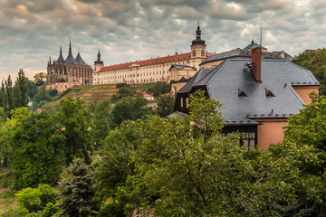 Fototapeta na wymiar Dawn with dramatic sky. The Cathedral of St Barbara and Jesuit College in Kutna Hora, Czech Republic, Europe. UNESCO World Heritage Site