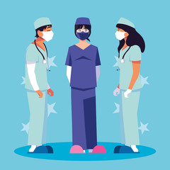 Man and women doctors with uniforms and masks in front of crosses vector design