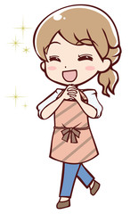 嬉しくて笑顔で喜ぶアニメ調のエプロン姿の女性