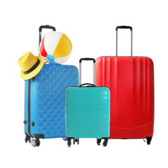 Set of different stylish suitcases for travelling on white background