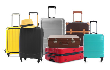 Set of different stylish suitcases for travelling on white background