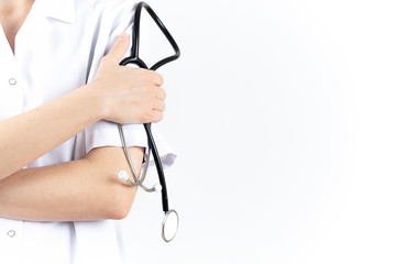 Female doctor with stethoscope and white uniform, on white background. healthcare and medicine concept.