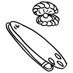 Outline surfboard and pearl clam on white isolated backdrop. Travel sticker set for bath tile, invitation or gift card, travel agency. Phone case or cloth print. Doodle style stock vector illustration