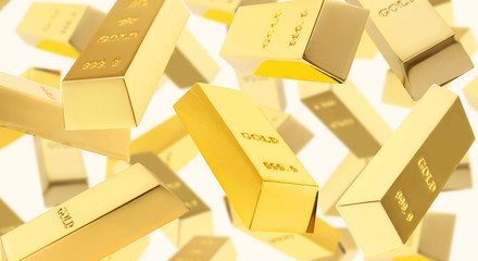 Set of falling gold bars on white background. Banner design