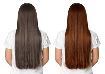 Woman before and after hair coloring on white background