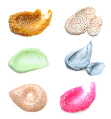 Set with different samples of natural scrubs on white background, top view