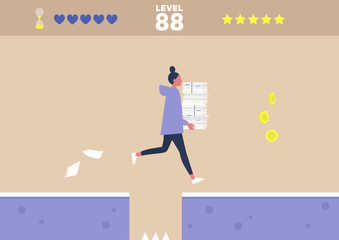 Office arcade video game, conceptual illustration, young female character running with a stack of paper