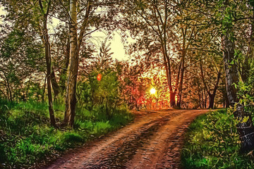 A beautiful sunrise in the forest over the road in the early morning.