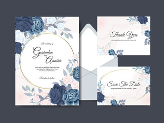 Naklejka na ściany i meble Elegant wedding invitation card template with floral and leaves navy blue Premium Vector