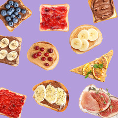 Set of delicious toasted bread with fruits and berries on violet background, top view