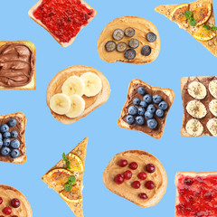 Set of delicious toasted bread with different toppings on blue background, top view