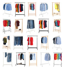 Set of wardrobe racks with different clothes on white background