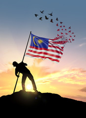 Malaysia flag turn to birds while being planted by a man on a hill during sunrise.