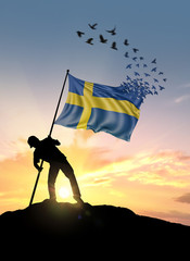Sweden flag turn to birds while being planted by a man on a hill during sunrise.