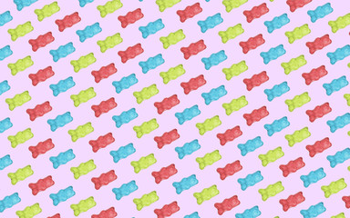 Set of yummy jelly bears on color background