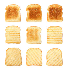 Set of toasted bread slices on white background, top view